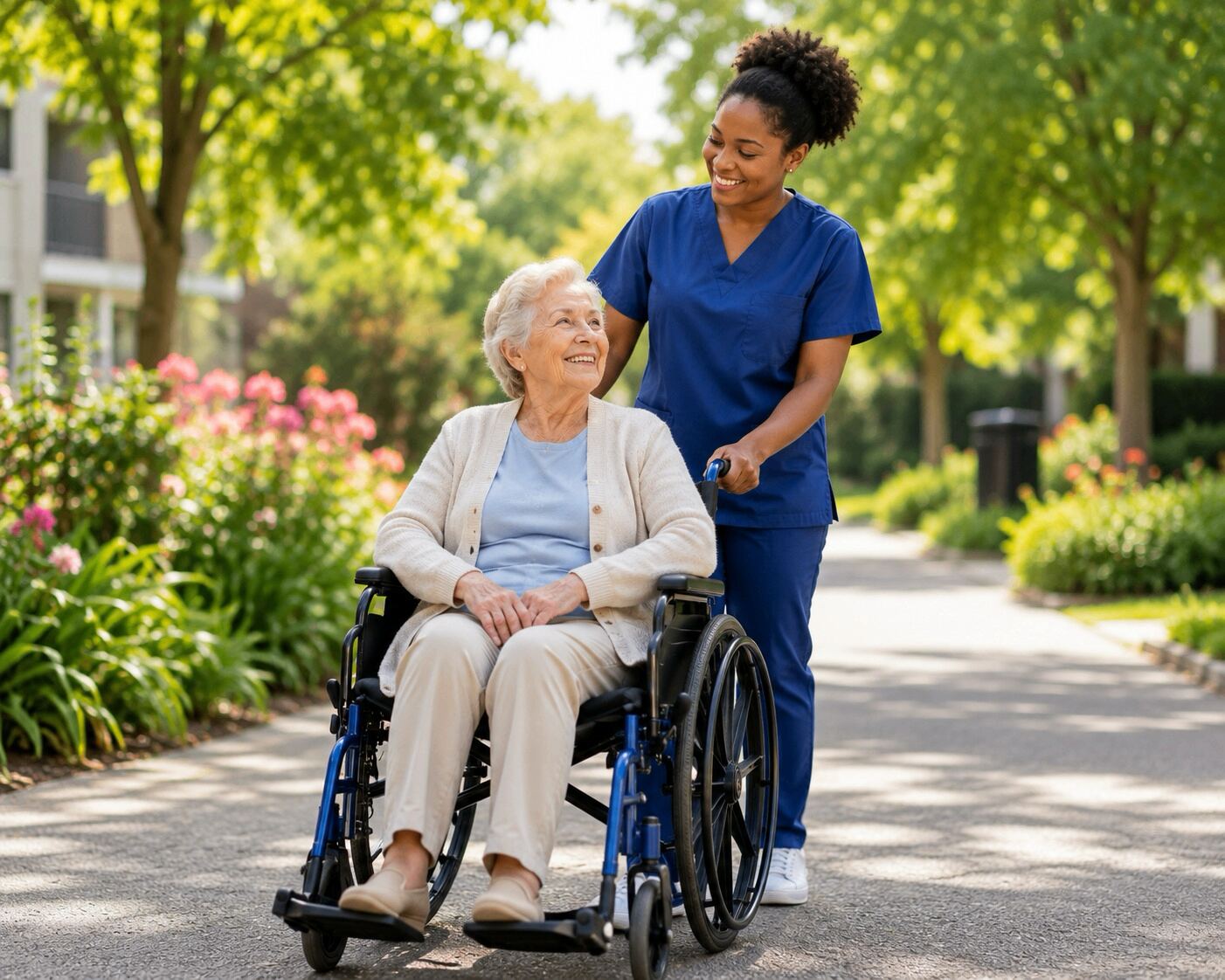 Soignante accompagnant une aînée en fauteuil roulant en extérieur